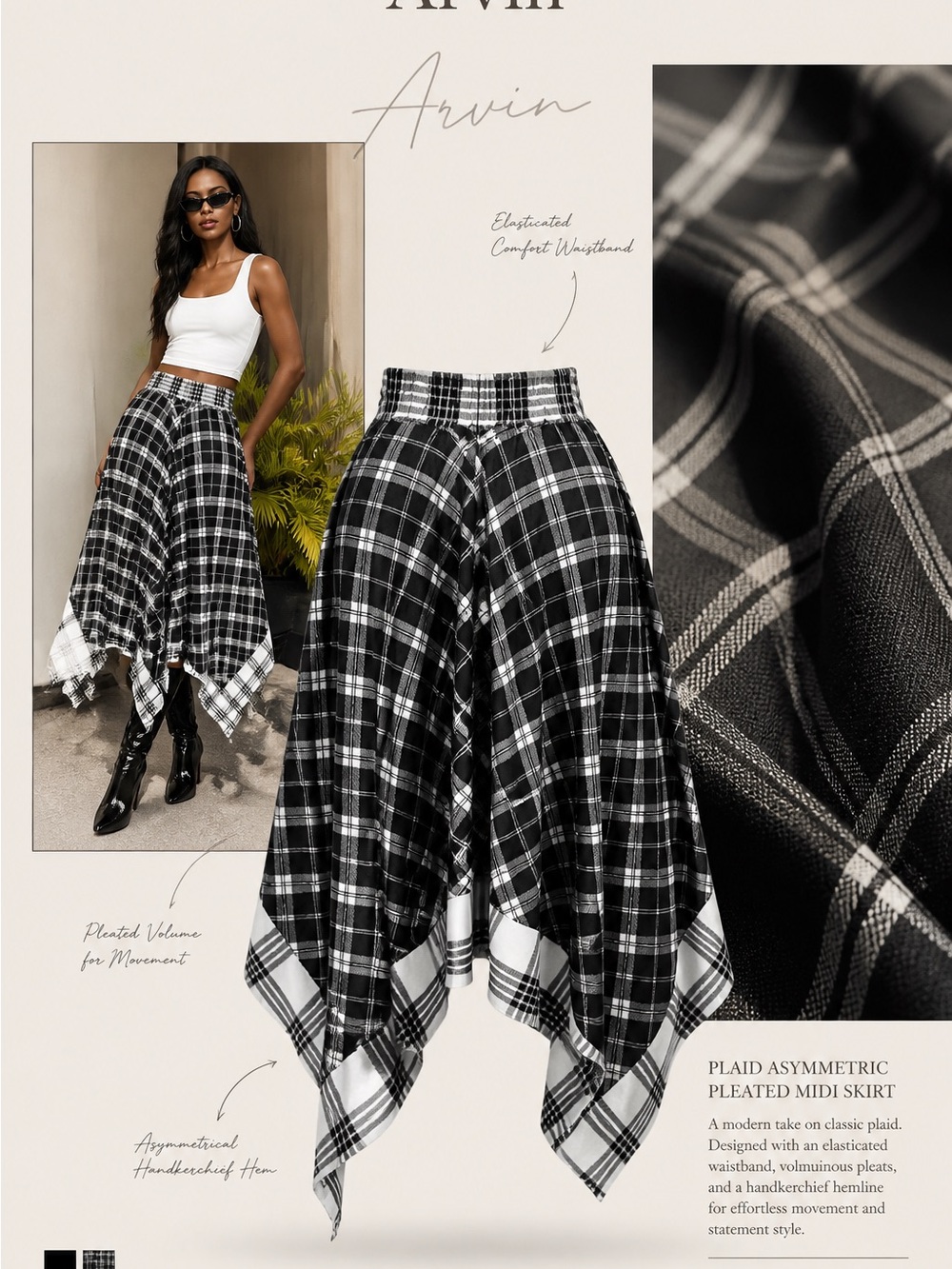 Black & White Plaid Asymmetrical Skirt